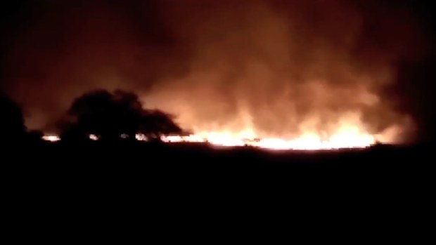 A huge fire is seen at the Pulgaon ammunition depot in Pulgaon in the Indian state of Maharastra, (AAP)