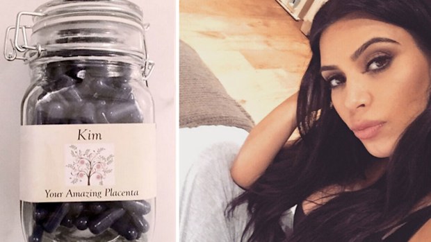 Kim Kardashian's placenta pills (left), and the celebrity (right). (Twitter)