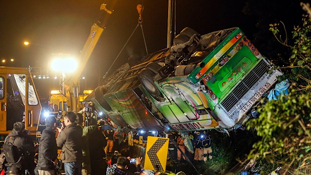 At least 32 people have been killed and a further 12 are in serious conditions, following a bus crash in Taiwan. (AAP)