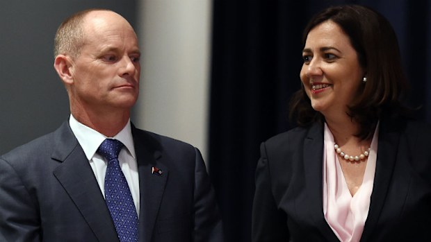 Queensland Premier Campbell Newman and Opposition leader Annastacia Palaszczuk wait for the start of their Leaders debate in Brisbane. (AAP)