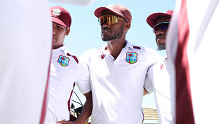 ADELAIDE, AUSTRALIA - JANUARY 18: Kraigg Brathwaite of the West Indies addresses his players before taking to the field following the tea break during day two of the First Test in the Mens Test match series between Australia and West Indies at Adelaide Oval on January 18, 2024 in Adelaide, Australia. (Photo by Paul Kane/Getty Images)