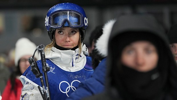 Eileen Gu of Team China reacts in the Freestyle Skiing Women's Freeski Big Air Qualification.