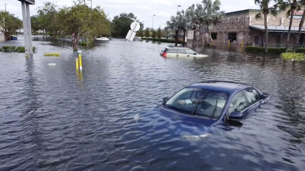This drone image provided by Kairat Kassymbekov shows flooding from Hurricane Milton in Tampa, Fla., Thursday, Oct. 10, 2024.  (Kairat Kassymbekov via AP)