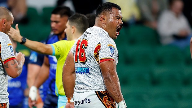 Samisoni Taukei'aho of the Chiefs reacts after a stoppage in play.