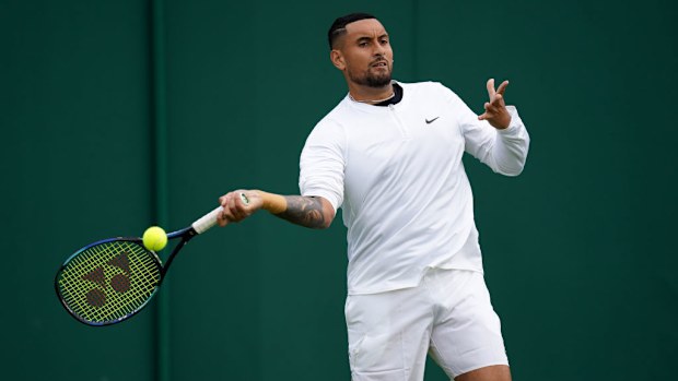 Nick Kyrgios practices at the All England Lawn Tennis and Croquet Club in Wimbledon in 2023.