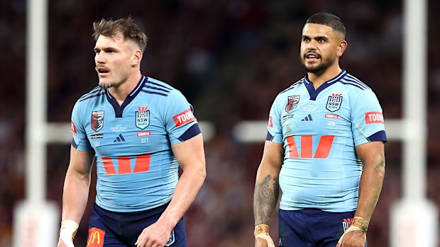 Angus Crichton and Latrell Mitchell in action during game one of the 2025 State of Origin series.