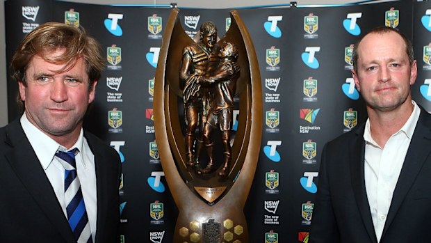 Bulldogs coach Des Hasler and Rabbitohs coach Michael Maguire - who will take home the trophy? (Getty)