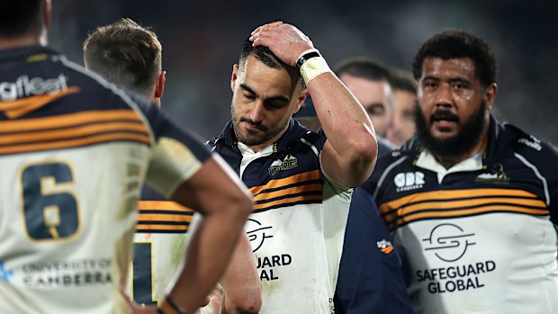 Tom Wright of the Brumbies reacts to the loss.