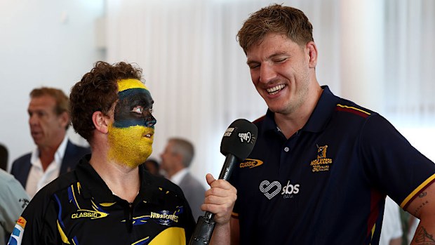 Fabian Holland of the Highlanders speaks to media.