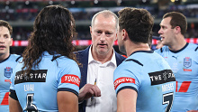 NSW Blues coach Michael Maguire talks to Jarome Luai and Mitchell Moses.