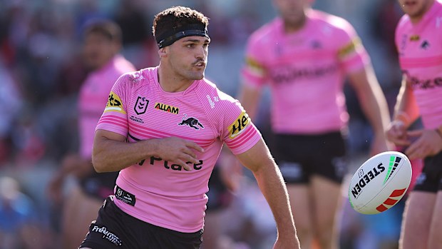 Nathan Cleary of the Panthers passes the ball.