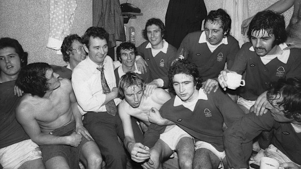 Nottingham Forest manager Brian Clough with his team after their victory over Tottenham Hotspur.