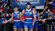 Marcus Bontempelli of the Bulldogs leads the team out during the round 24 AFL match between Western Bulldogs and Greater Western Sydney Giants.