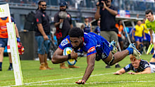 Etonia Waqa of the Fijian Drua scores a try during the round five Super Rugby match.
