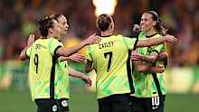 Emily van Egmond of Australia celebrates an own goal by Lim Seonjoo of Korea Republic.