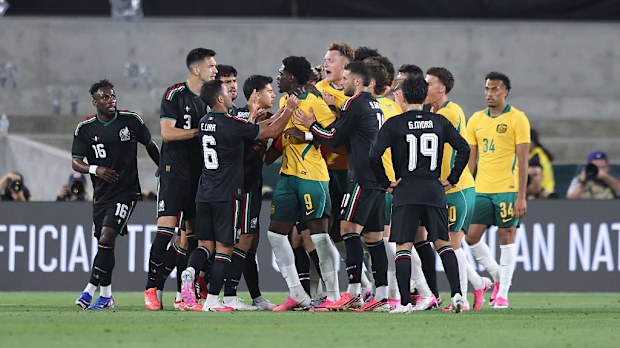 Australia and Mexico argue during the international friendly match at Rose Bowl Stadium.
