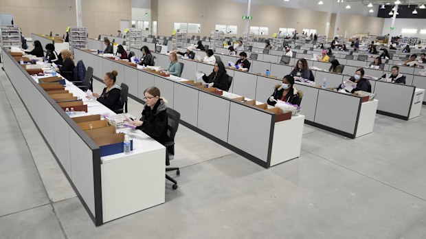 Ballots inspected at a ballot processing centre in Calif on Tuesday.