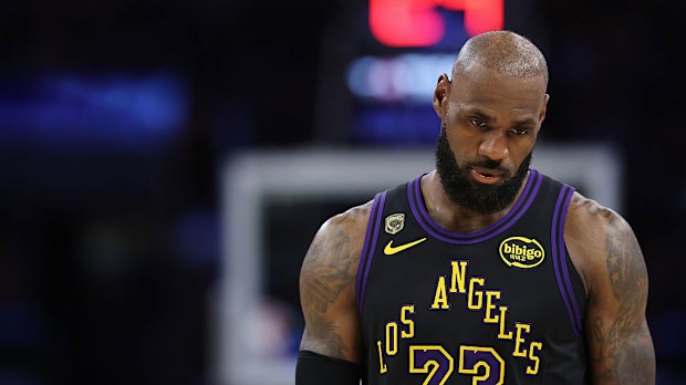 LeBron James of the Los Angeles Lakers reacts against the Oklahoma City Thunder.