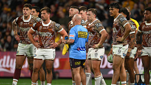 Broncos players during their round 19 loss against the Dragons. 