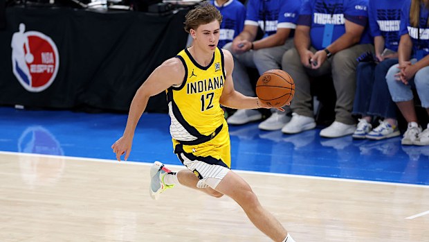 Johnny Furphy of the Indiana Pacers drives to the basket against the Oklahoma City Thunder.