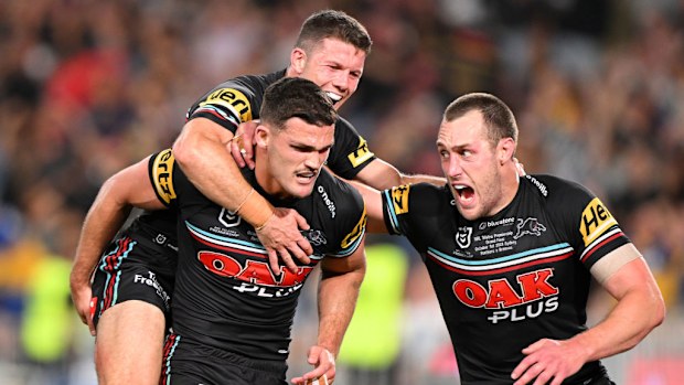 Nathan Cleary of the Panthers celebrates with teammates during the 2023 NRL grand final.