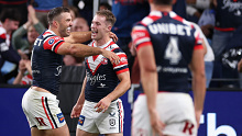 Sam Walker of the Roosters celebrates scoring a try with team mates. (Photo by Cameron Spencer/Getty Images)