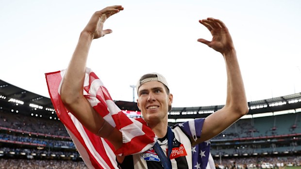 Mason Cox of the Magpies celebrates during the 2023 AFL Grand Final match between the Collingwood Magpies and the Brisbane Lions.