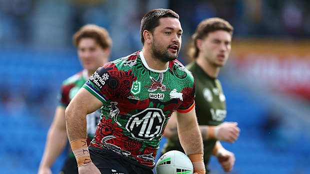 Brandon Smith of the Rabbitohs warms up.