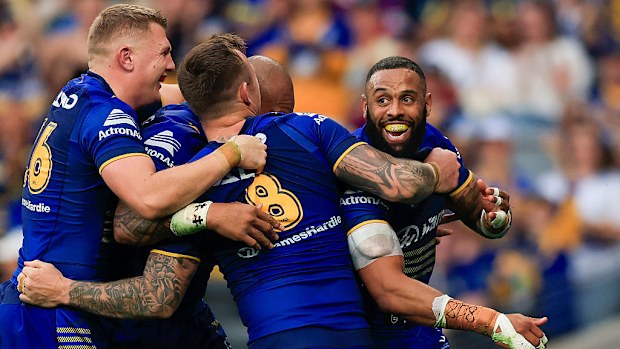 Josh Addo-Carr of the Eels celebrates scoring his second try.