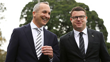 NRL chief executive officer Andrew Abdo and South Sydney CEO Blake Solly. 