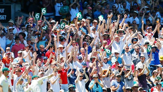 The Barmy Army celebrate a six hit by Stuart Broad during day two of the Ashes Test match in 2018.