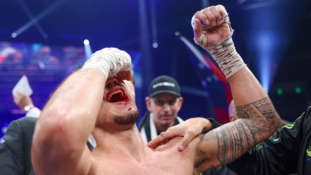 Jai Opetaia celebrates at Gold Coast Convention and Exhibition Centre.