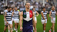 Nat Fyfe of the Dockers looks dejected after a loss to Geelong in round 22, 2024.
