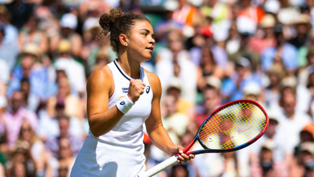 Jasmine Paolini in action against Donna Vekic of Croatia in the semi-final on Day Eleven of The Championships Wimbledon 