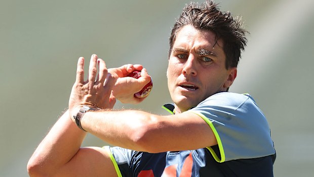 Pat Cummins bowls in the nets.