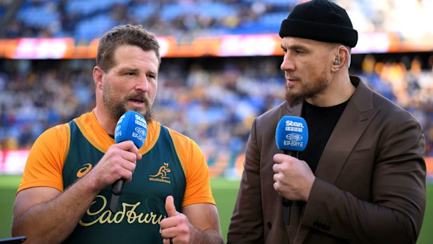 James Slipper of Australia talks with Stan Sport commentator Sonny Bill Williams.