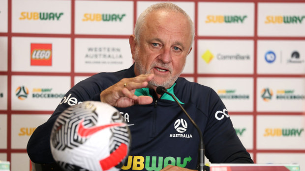 Graham Arnold speaks to the media after the Palestine-Australia game. 