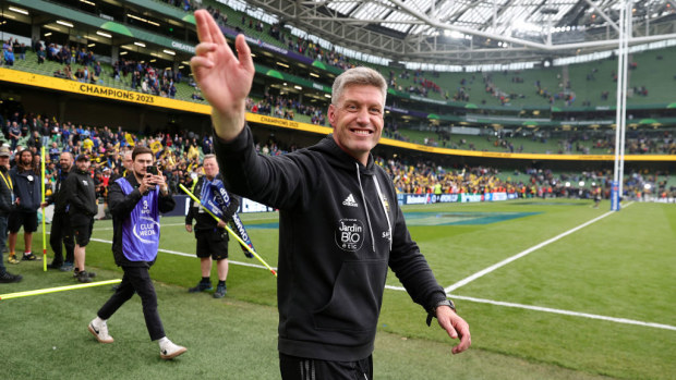 Ronan O'Gara of La Rochelle celebrates at Aviva Stadium.