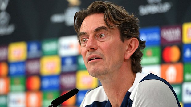 Thomas Frank speaks to the media during a Tottenham Hotspur press conference.