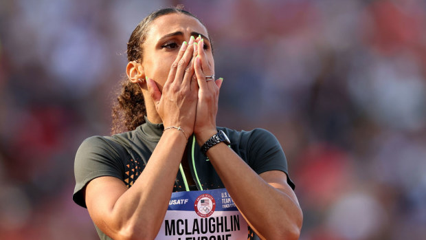 2024 U.S. Olympic Team Track & Field Trials; Sydney McLaughlin-Levrone reacts after setting a new world record in the women's 400 meter hurdles.