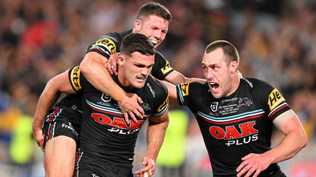 Nathan Cleary of the Panthers celebrates with teammates during the 2023 NRL grand final.