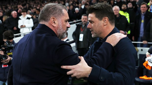 Ange Postecoglou, Manager of Tottenham Hotspur, (L) and Mauricio Pochettino, Manager of Chelsea.