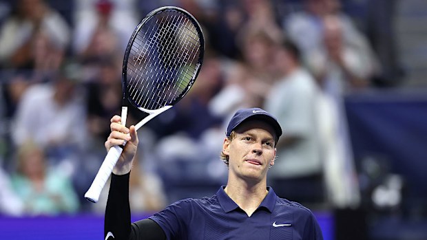 Jannik Sinner of Italy celebrates after defeating Alexander Bublik of Kazakhstan.