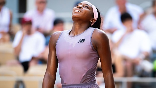 Coco Gauff of the United States in action against Anastasia Potapova of Austria.