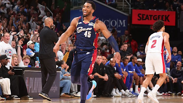 Donovan Mitchell of the Cleveland Cavaliers celebrates.