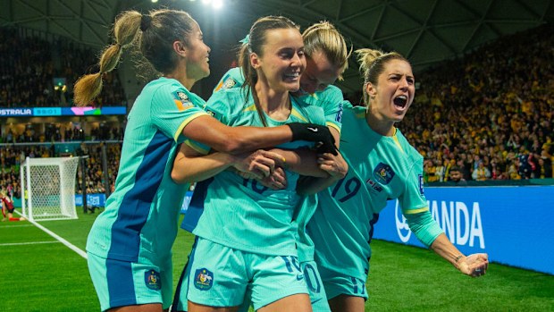 MELBOURNE, AUSTRALIA - JULY 31: Hayley Raso of Australia celebrates her 2nd goal during the FIFA Women's World Cup Australia & New Zealand 2023 Group B match between Canada and Australia at Melbourne Rectangular Stadium on July 31, 2023 in Melbourne, Australia. (Photo by Will Murray/Getty Images)