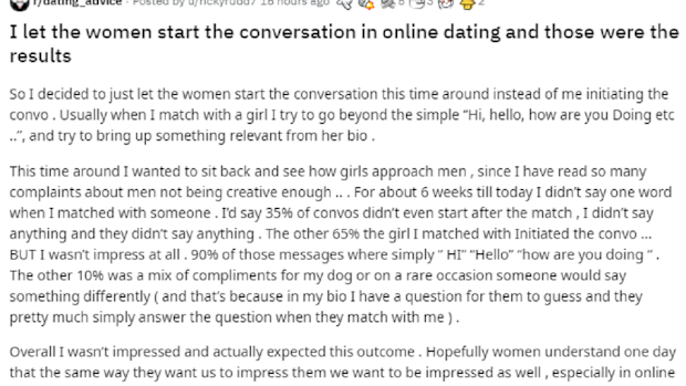 Man talks about online dating on Reddit thread.