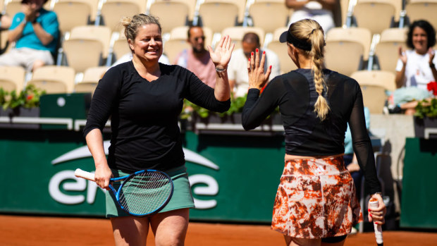 Kim Clijsters and Caroline Wozniacki playing doubles at Roland Garros, 2024.