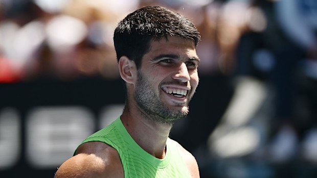 Carlos Alcaraz of Spain celebrates winning the first set in the men's Singles Fourth Round against Tommy Paul of the United States during day eight of the 2026 Australian Open at Melbourne Park on January 25, 2026 in Melbourne, Australia. 