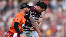 Sea Eagles front-rower Josh Aloiai leaves the field.